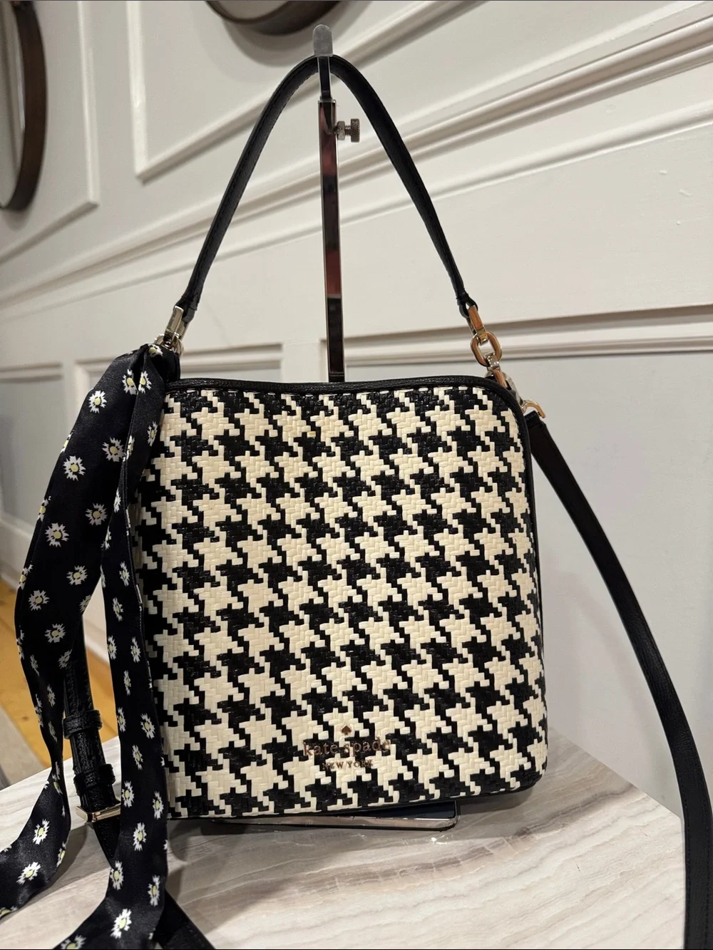kate spade Bag Darcy Small Leather Black White Houndstooth Woven Crossbody